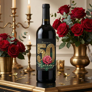 Glam Black Gold Red Rose 50th Birthday Party Wine Label