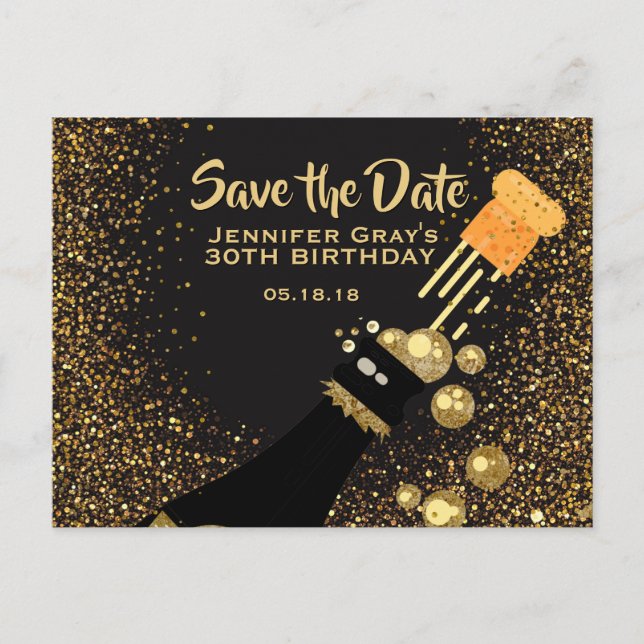 Glam Black Gold Save the Date Champagne Birthday Announcement Postcard (Front)