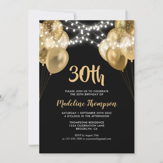 Glam Black Gold String Light Balloon Birthday Invitation (Front)