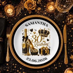 Glam Black Gold Thirty Birthday Confetti Plate Set
