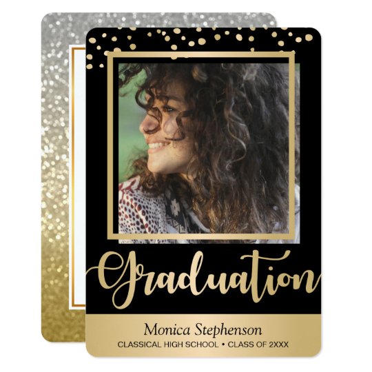 Glam Black golden frame graduation announcement