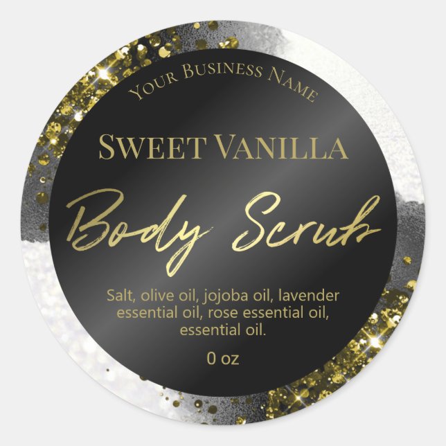 Glam Black Ink Gold Glitter Body Scrub Labels (Front)