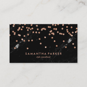 Glam Black Marble Look and Faux Rose Gold Confetti Business Card