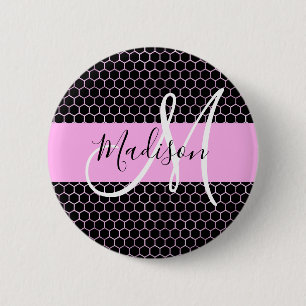 Glam Black Metallic Pink Honeycomb Monogram Name 2 Inch Round Button