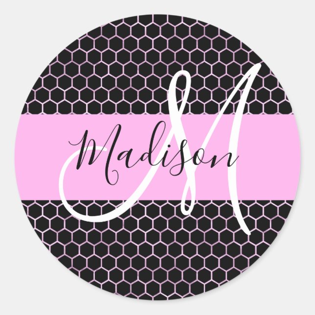 Glam Black Metallic Pink Honeycomb Monogram Name Classic Round Sticker (Front)