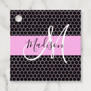 Glam Black Metallic Pink Honeycomb Monogram Name Favour Tags