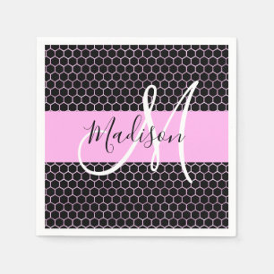 Glam Black Metallic Pink Honeycomb Monogram Name Napkin