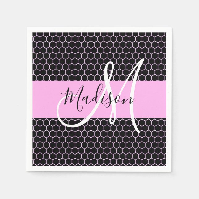 Glam Black Metallic Pink Honeycomb Monogram Name Napkin (Front)