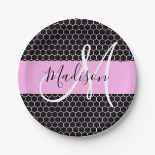 Glam Black Metallic Pink Honeycomb Monogram Name Paper Plate