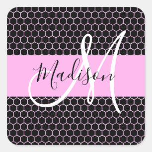Glam Black Metallic Pink Honeycomb Monogram Name Square Sticker