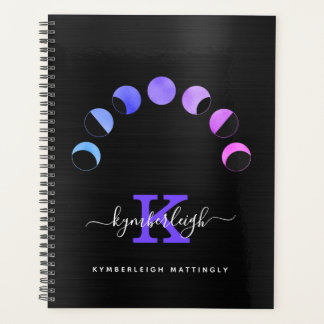 Glam Black Moon Phases Pastel Monogram Name Large  Planner