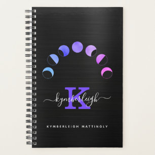 Glam Black Moon Phases Pastel Monogram Name Small Planner