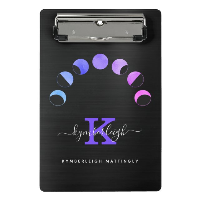 Glam Black Moon Phases Pastel Purple Monogram Name Mini Clipboard (Front)