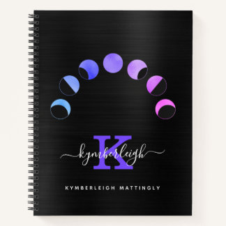 Glam Black Moon Phases Pastel Purple Monogram Name Notebook