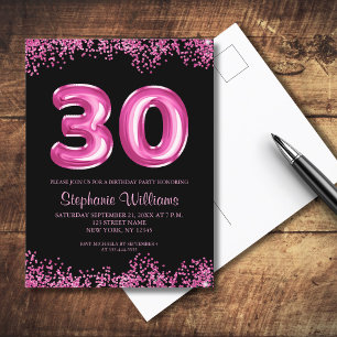 Glam Black Pink Foil Balloon 30th Birthday Party Invitation Postcard