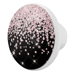 Glam Black Pink Rose Gold Glitter Diamond Confetti Ceramic Knob