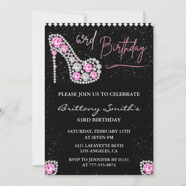 Glam Black Pink Silver Diamond 63rd birthday Invitation (Front)