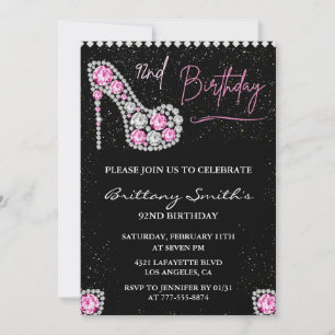 Glam Black Pink Silver Diamond 92nd birthday Invitation