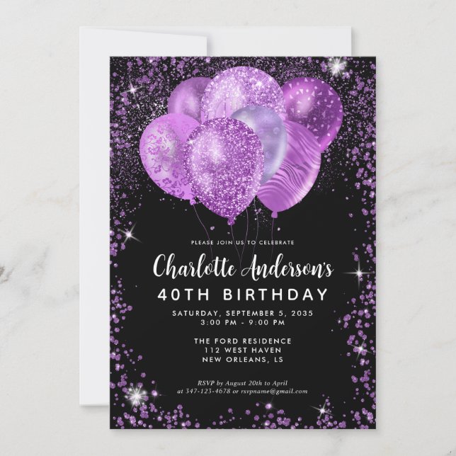 Glam Black Purple Violet Glitter Balloon Birthday Invitation (Front)