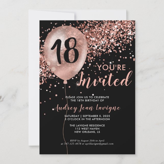 Glam Black Rose Gold Glitter Balloon 18th Birthday Invitation (Front)