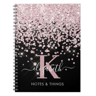 Glam Black Rose Gold Glitter Diamond Monogrammed Notebook