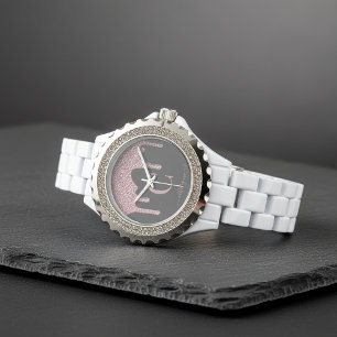 Glam Black Rose Gold Glitter Drips Monogram Watch