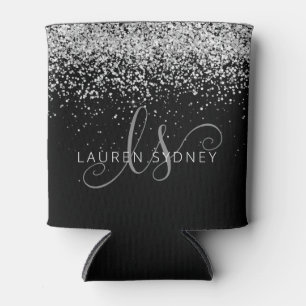 Glam Black Silver Glitter Glam Monogram Name Can Cooler