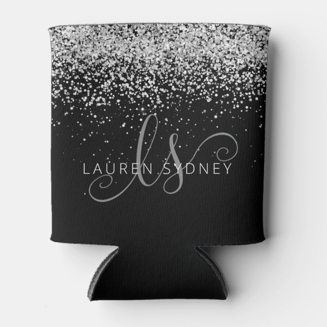 Glam Black Silver Glitter Glam Monogram Name Can Cooler (Front)