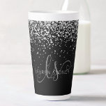 Glam Black Silver Glitter Glam Monogram Name Latte Mug<br><div class="desc">Glam Black Silver Glitter Elegant Monogram Latte Mug. Easily personalize this trendy chic latte mug design featuring elegant silver sparkling glitter on a black background. The design features your handwritten script monogram with pretty swirls and your name.</div>