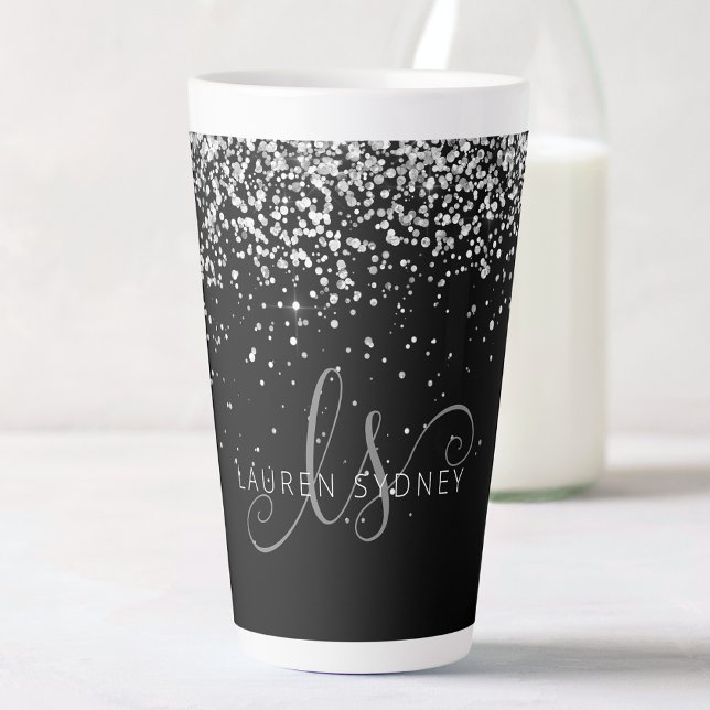 Glam Black Silver Glitter Glam Monogram Name Latte Mug (Creator Uploaded)