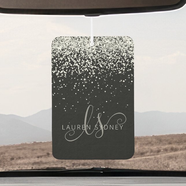 Glam Black Silver Glitter Monogram Name Air Freshener (Creator Uploaded)