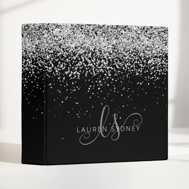 Glam Black Silver Glitter Monogram Name Binder (Creator Uploaded)