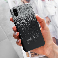 Glam Black Silver Glitter Monogram Name