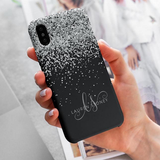 Glam Black Silver Glitter Monogram Name iPhone Case (Creator Uploaded)
