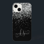 Glam Black Silver Glitter Monogram Name iPhone 14 Case<br><div class="desc">Glam Black Silver Glitter Elegant Monogram iPhone Case. Easily personalize this trendy chic phone case design featuring elegant silver sparkling glitter on a black background. The design features your handwritten script monogram with pretty swirls and name.</div>