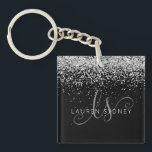 Glam Black Silver Glitter Monogram Name Keychain<br><div class="desc">Glam Black Silver Glitter Elegant Monogram Keychain Easily personalize this trendy chic keychain design featuring elegant silver sparkling glitter on a black background. The design features your handwritten script monogram with pretty swirls and name.</div>