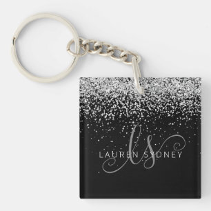 Glam Black Silver Glitter Monogram Name Keychain