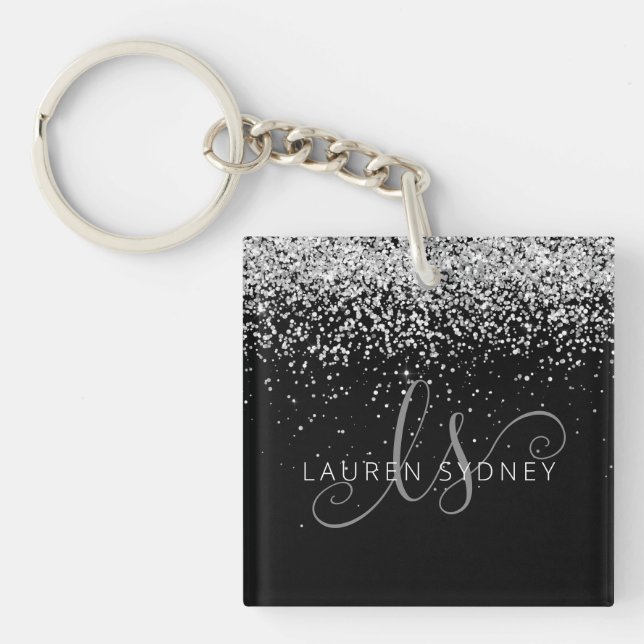 Glam Black Silver Glitter Monogram Name Keychain (Front)