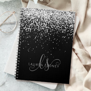 Glam Black Silver Glitter Monogram Name Notebook