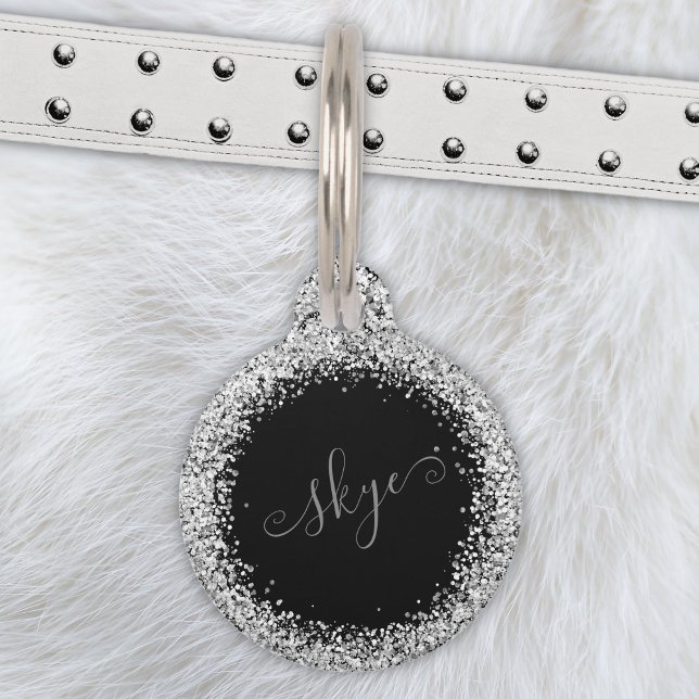 Glam Black Silver Glitter Monogram Name Pet Tag (Creator Uploaded)