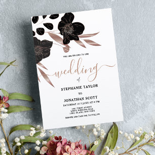Glam black white rose gold floral elegant wedding  invitation