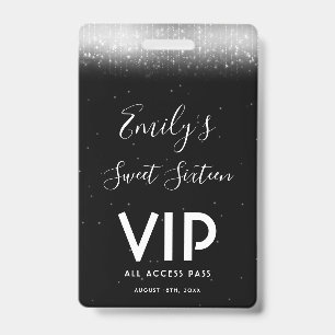 Glam Black White Sweet 16 Invitation VIP Pass Badge