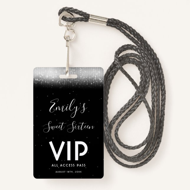Glam Black White Sweet 16 Invitation VIP Pass Badge (Front with Lanyard)