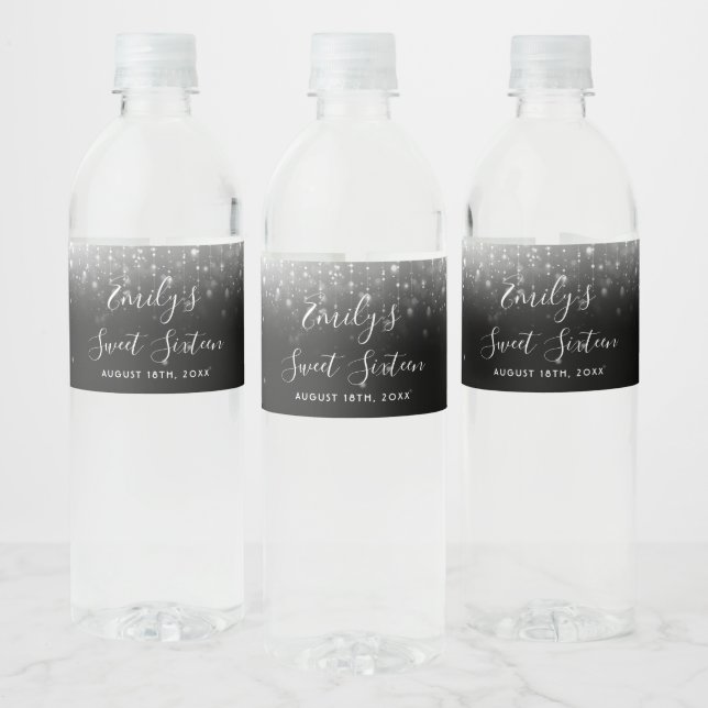 Glam Black White Sweet 16 Water Bottle Label (Bottles)