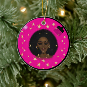 Glam Black Woman Afro Hair pic lipstick pink moon Ceramic Ornament