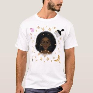 Glam Black Woman Afro Hair pic lipstick pink moon T-Shirt
