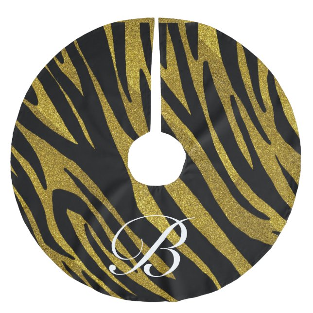 Glam Black Zebra Stripes & Faux Gold Glitter Brushed Polyester Tree Skirt (Front)