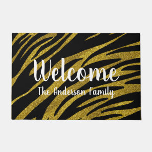 Glam Black Zebra Stripes & Faux Gold Glitter Doormat