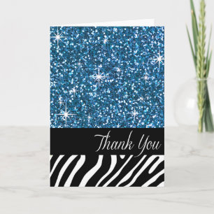 Glam Bling Glitter Zebra Thank You   blue Card