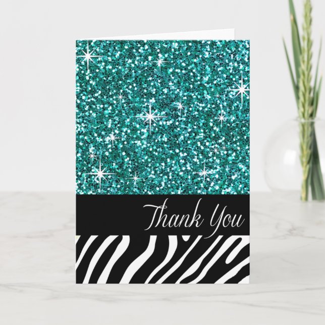 Glam Bling Glitter Zebra Thank You | teal Card (Front)